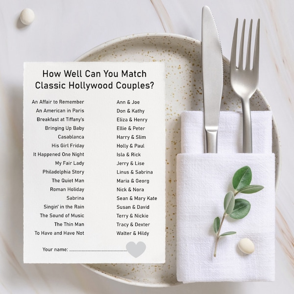 Classic Hollywood Couples Matching Game / Instant Download / Bridal Shower Game PDF