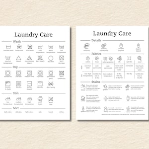 Puede incluir: Una guía de cuidado de la ropa imprimible en blanco y negro con iconos y texto. La guía incluye instrucciones para lavar, secar, planchar y ordenar la ropa. También incluye detalles sobre la eliminación de manchas de diferentes tejidos.