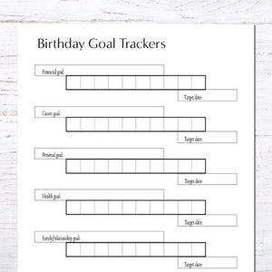 Birthday goal trackers with target dates. Financial, career, personal, health, and family or relationship goal.