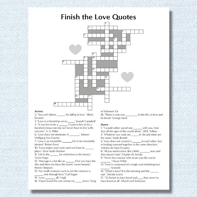 Crossword Finish the Quotes About Love bridal Shower Game Etsy