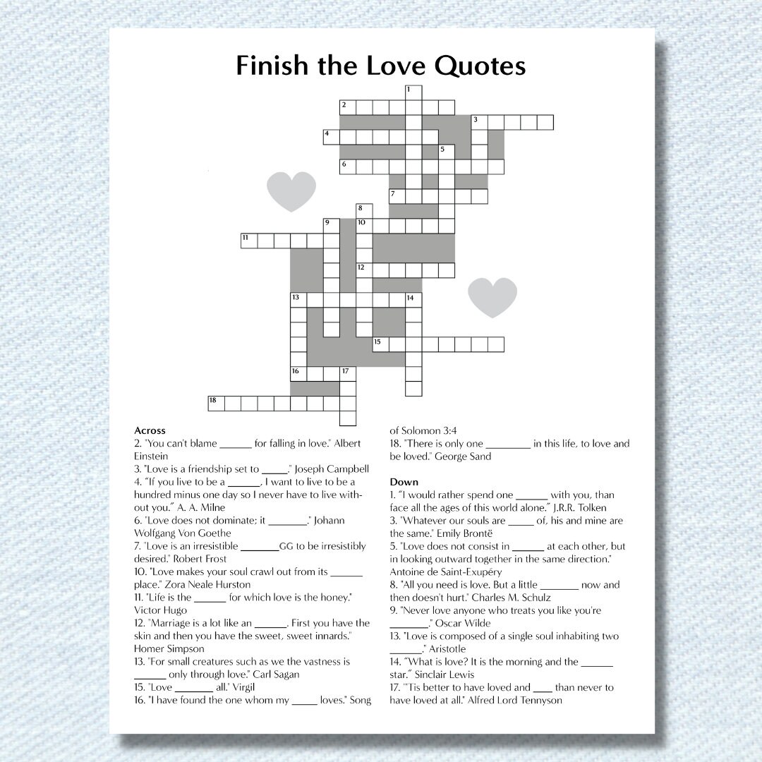 Bridal Shower Crossword: Finish the Quotes About Love (bridal Shower ...