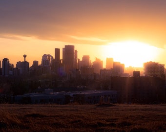 Calgary Skyline at Sunset - High-Quality Canvas, Photo Panels, and Prints