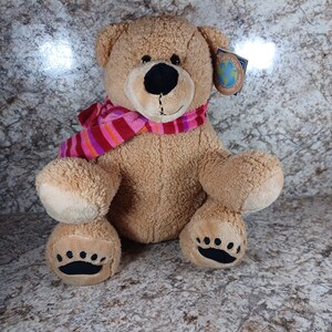 K&ouml;nnte beinhalten: Ein hellbrauner Teddyb&auml;r mit schwarzer Nase und Augen sowie einem rosa-rot gestreiften Schal. Der B&auml;r hat schwarze Tatzen und ein Etikett mit der Aufschrift "Earth Now".
