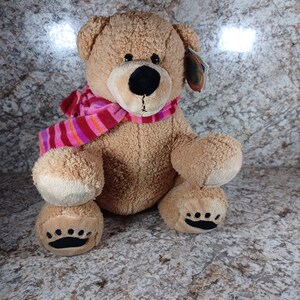 K&ouml;nnte beinhalten: Ein brauner Teddyb&auml;r mit schwarzer Nase und Augen, der einen rosa-rot gestreiften Schal tr&auml;gt. Der B&auml;r hat schwarze Pfotenabdr&uuml;cke auf seinen F&uuml;&szlig;en und ein Etikett an seinem Ohr. Ein kuscheliges Stofftier.
