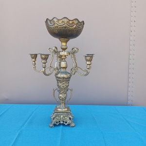 Victorian Brass Candelabra | 5-Candle Holder with bowl, Floral Scrollwork (22" H), Victorian vintage candelabra | Exquisite candelabra