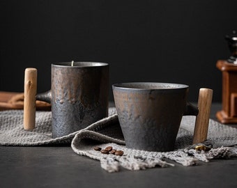 Japanese Coffee Mug | Wooden Handle | Tea Mug | Rustic Style | Handcrafted | Vintage | Ceramic | Cup|