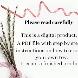 Puede incluir: Un fondo blanco con una cinta rosa y un mensaje de texto que dice "Por favor, lea atentamente. Este es un producto digital. Un archivo PDF con instrucciones paso a paso sobre c&oacute;mo tejer a crochet tu propio juguete. No es un producto terminado."