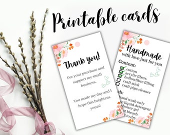 Printable Care Cards and Thank You Cards for Handmade Items, Downloadable Care Tags Thank You Tags, Knit or Crochet Care Instructions Card