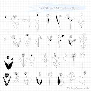 32 Fleurs simples de doodle de vecteur dessinées à la main | clipart décoration minimaliste | SVG et PNG