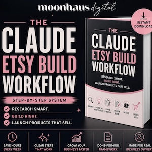 May include: A digital product guide titled The Claude Etsy Build Workflow, featuring a black and pink color scheme. The cover displays the title, a step-by-step system, and icons for research, product selection, planning, creation, packaging, and sales.
