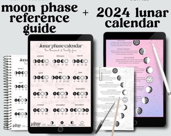 2024 moon calendar with moon phase cheat sheet set PDF