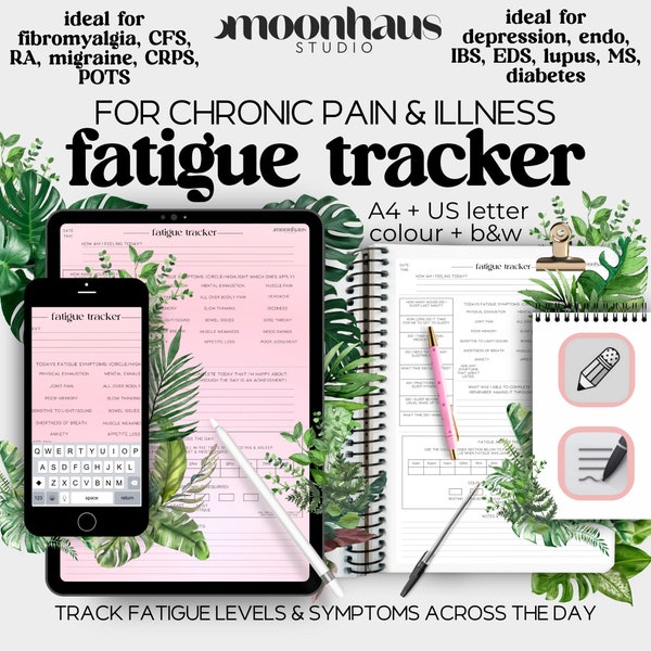 fatigue tracker for chronic pain and illness: symptom tracker, CFS, fibromyalgia, CRPS, POTS, use with Notability & Goodnotes iPad,