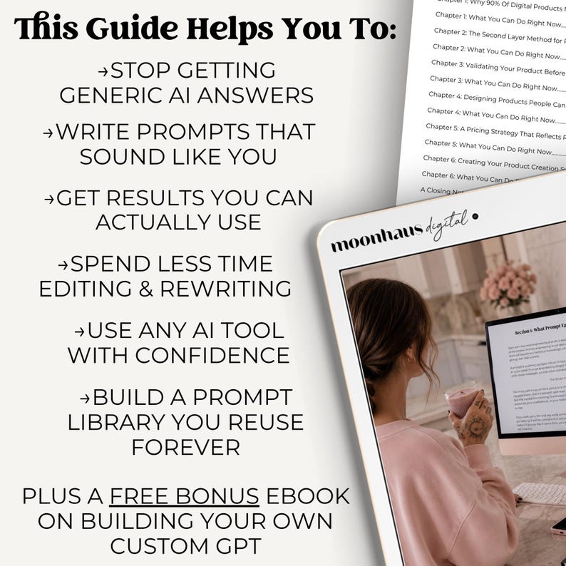 Sales graphic listing the benefits of a prompt engineering ebook and bonus prompt pack for AI users. Text explains how the guide helps people stop getting generic AI answers, build reusable prompts, save editing time, and use ChatGPT and Claude AI with more confidence when creating digital products.