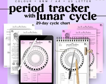 period tracker, ovulation, PMS PMDD tracker, lunar cycle planner instructions calendar moon cycle chart journal PDF