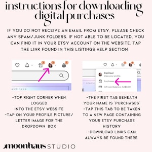 easy to follow instructions for downloading a digital purchase from ones Etsy account.
