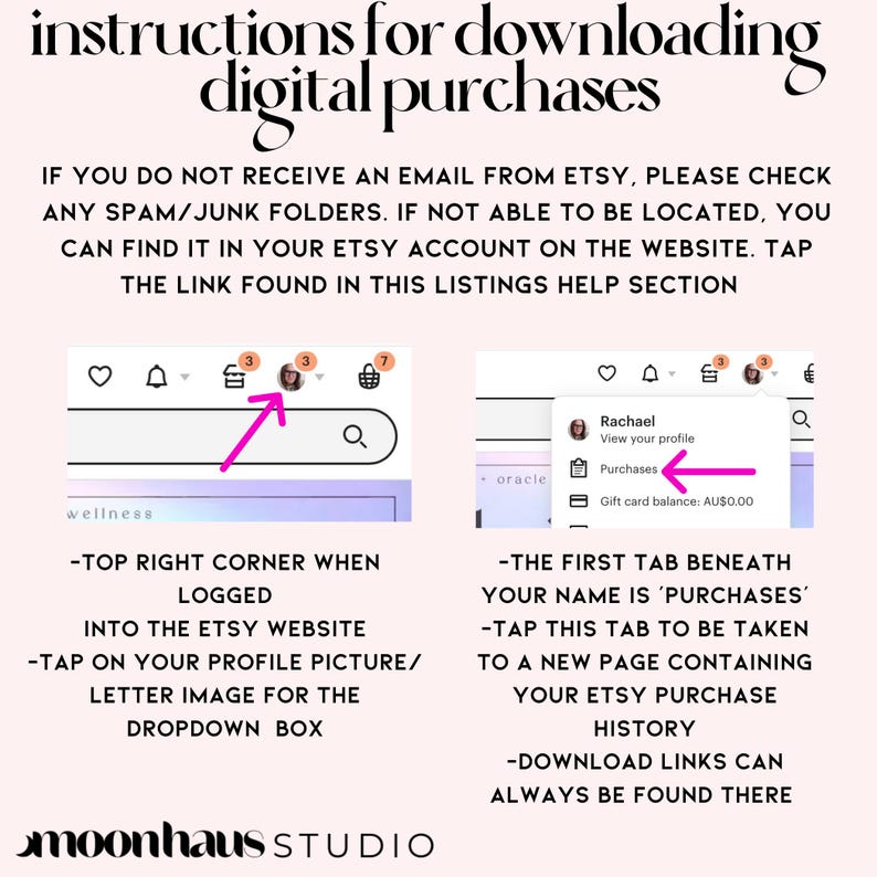 easy to follow instructions for downloading a digital purchase from ones Etsy account.
