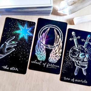 Tarot Deck: Holographic Hand-Drawn Cards, Feminine Oracle Guidebook, Midnight Sky