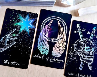 Tarot Deck: Holographic Hand-Drawn Cards, Feminine Oracle Guidebook, Midnight Sky
