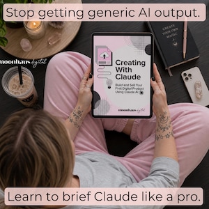 Tablet mockup promoting how to avoid generic AI output using Claude AI for digital products. Perfect for Etsy sellers building a side hustle with ai prompts ebook systems, ChatGPT prompt methods, trending products, and instant download digital products for selling online.