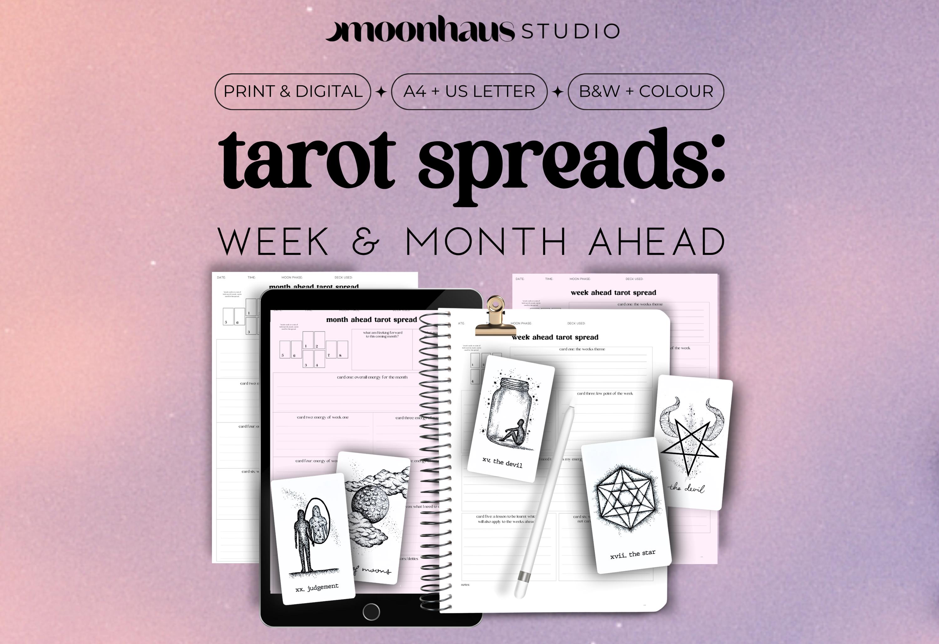 tarot spread journal pages : week & month ahead tarot/oracle spread, digital print download PDF