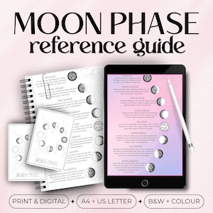 May include: A printable moon phase reference guide with illustrations of the moon in each phase. The guide includes descriptions of each phase and its associated energy. The guide is available in both black and white and color.