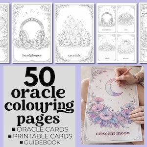 Puede incluir: Páginas para colorear de oráculos con ilustraciones de auriculares, cristales y otros elementos místicos. El texto dice "50 páginas para colorear de oráculos" e incluye "cartas de oráculo", "tarjetas imprimibles" y "guía". Una persona está coloreando un diseño de luna creciente.
