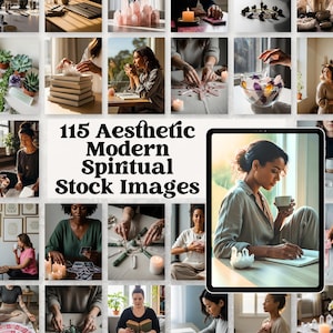 May include: A collection of aesthetic modern spiritual stock images. The images feature candles, crystals, books, and people in a relaxed setting. The text "115 Aesthetic Modern Spiritual Stock Images" is displayed.