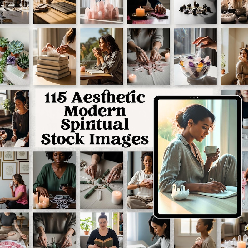 May include: A collection of aesthetic modern spiritual stock images. The images feature candles, crystals, books, and people in a relaxed setting. The text "115 Aesthetic Modern Spiritual Stock Images" is displayed.