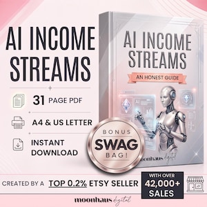 Puede incluir: Una portada de producto digital titulada AI INCOME STREAMS AN HONEST GUIDE con un robot plateado interactuando con datos holográficos. El gráfico incluye texto que indica un PDF de 31 páginas, tamaños A4 y US letter, y un bonus swag bag.