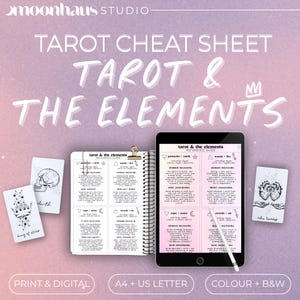 Tarot and The Elements Cheat Sheet: Card Keywords and Meanings, Elemental Guide (Printable Digital)