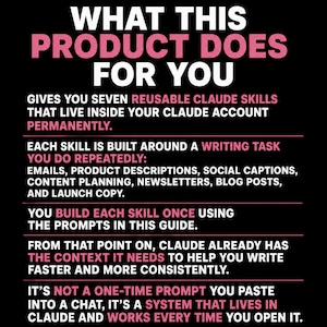 May include: A black informational graphic with white and pink text titled WHAT THIS PRODUCT DOES FOR YOU. It explains a system for seven reusable Claude skills for writing tasks like emails, product descriptions, social captions, and blog posts.