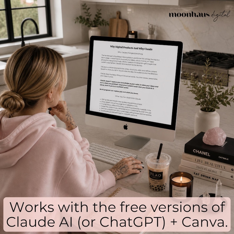 Desktop workspace mockup showing ebook pages about building digital products with Claude AI and Canva. Designed for Etsy sellers wanting to make money online with digital products, side hustle income, instant download products, and beginner-friendly ChatGPT prompt and ai prompts ebook workflows.