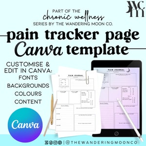 pain tracker journal page canva template | spoonie chronic pain illness | fibro endo