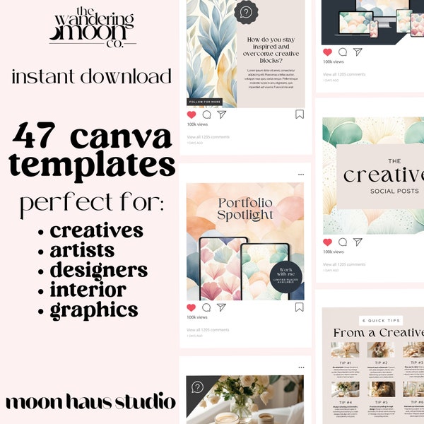 canva template: 47 aesthetic & unique instagram posts for artists, creatives, designers