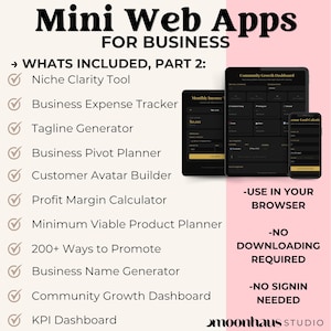 22 x mini web apps to use in your browser, the small business edition. tagline generator, profit margin calculator, business name generator, KPI dashboard, and more!