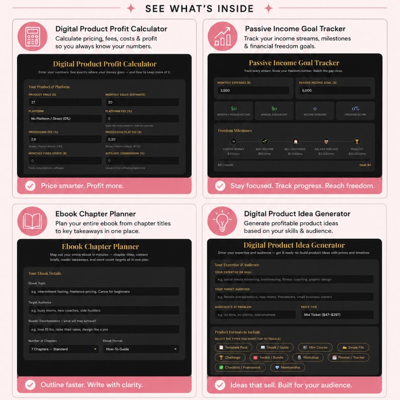 showing what four of the mini web apps look like. the interface is black and gold.