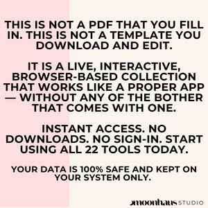 Informational graphic explaining that the product is not a downloadable template or editable PDF but a live browser based collection of 22 interactive tools for small business owners and side hustle creators. Text includes “Instant Access. No Downloads. No Sign-In. Start Using All 22 Tools Today” and notes that all data stays safely on the user’s device.