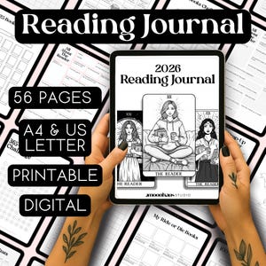 May include: A digital reading journal for 2026, featuring 56 pages, printable in A4 and US Letter sizes. The cover displays a tarot-style illustration of a woman reading. The journal is available digitally.