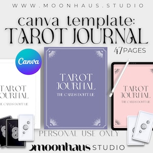 tarot journal 2024 canva template - 47 pages: tarot spreads, card readings, tarot card meaning, digital, printable junk planner