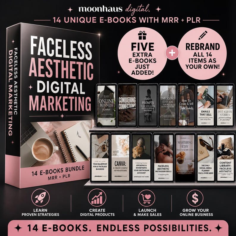 14 unique e-books with MRR & PLR: faceless aesthetic digital marketing. Rebrand and sell as your own, or keep them as a very helpful resource to assist with your own small business.