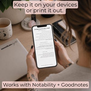 Lifestyle mockup showing a digital product ebook viewed on a phone with Goodnotes and Notability compatibility. Designed for Etsy sellers creating digital products with Claude AI and ChatGPT prompt systems. Supports instant download offers, side hustle income, and make money online strategies.