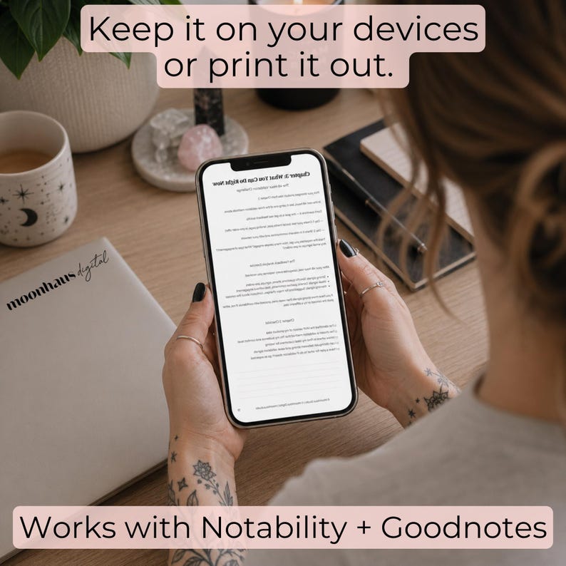 Lifestyle mockup showing a digital product ebook viewed on a phone with Goodnotes and Notability compatibility. Designed for Etsy sellers creating digital products with Claude AI and ChatGPT prompt systems. Supports instant download offers, side hustle income, and make money online strategies.