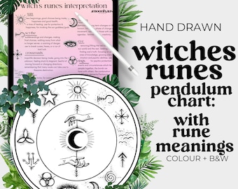 digital & printable witches runes pendulum chart with rune meanings