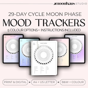 mood tracker with moon phase chart, colour chart, tracking cycle, print download PDF
