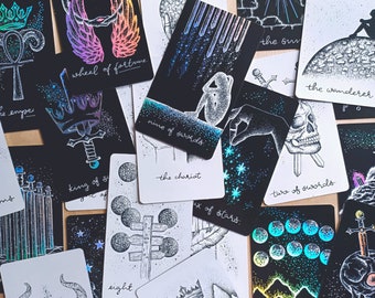 indie tarot deck set: black, celestial holographic moon cards with guidebook and box