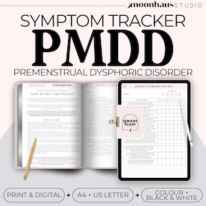 Digital PMDD symptom tracker for premenstrual dysphoric disorder, shown as printable journal pages and a tablet template. This period and symptom tracker helps monitor mood changes, physical symptoms, and severity across the week, available in A4 and US Letter sizes.