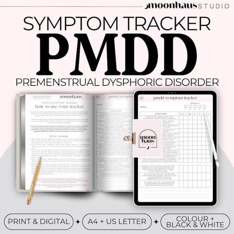 Digital PMDD symptom tracker for premenstrual dysphoric disorder, shown as printable journal pages and a tablet template. This period and symptom tracker helps monitor mood changes, physical symptoms, and severity across the week, available in A4 and US Letter sizes.