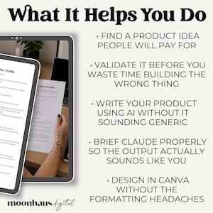 Digital product guide showing how to validate product ideas, write with AI, and design in Canva without formatting headaches. Perfect for Etsy sellers building a side hustle with digital products, dfy digital products, ai prompts ebook methods, and trending products for selling online.