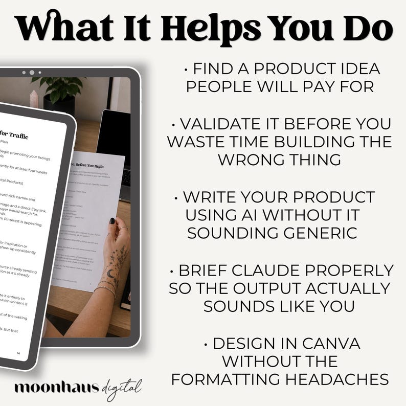 Digital product guide showing how to validate product ideas, write with AI, and design in Canva without formatting headaches. Perfect for Etsy sellers building a side hustle with digital products, dfy digital products, ai prompts ebook methods, and trending products for selling online.