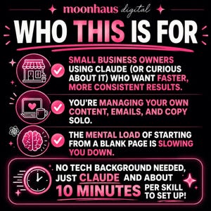 May include: A black digital graphic with pink text and icons titled WHO THIS IS FOR. It lists three points for small business owners using Claude, managing content solo, and overcoming mental blocks, plus a note about 10 minutes to set up.
